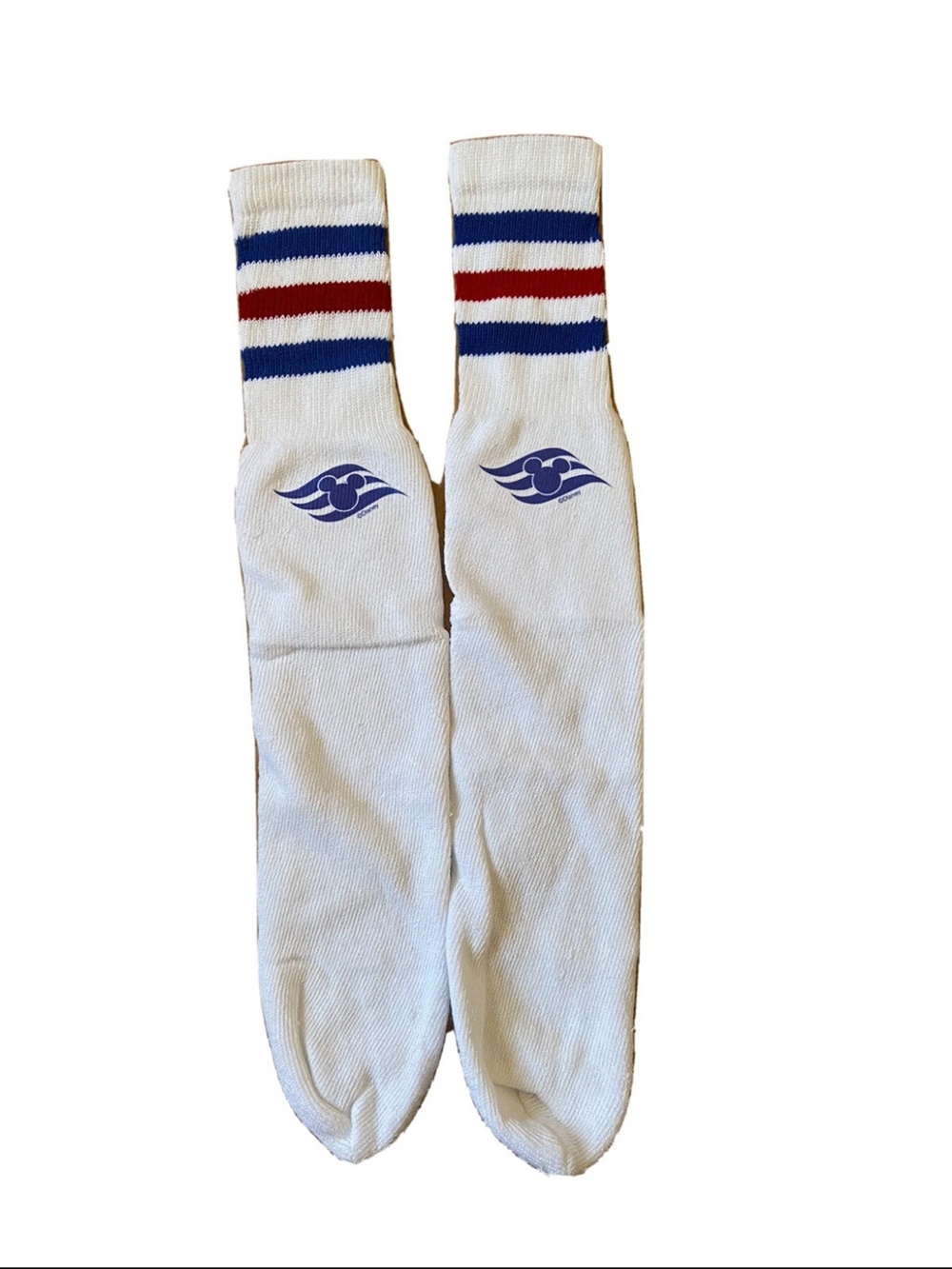 Disney Cruise Line White Retro Crew Socks with Red & Blue Stripes